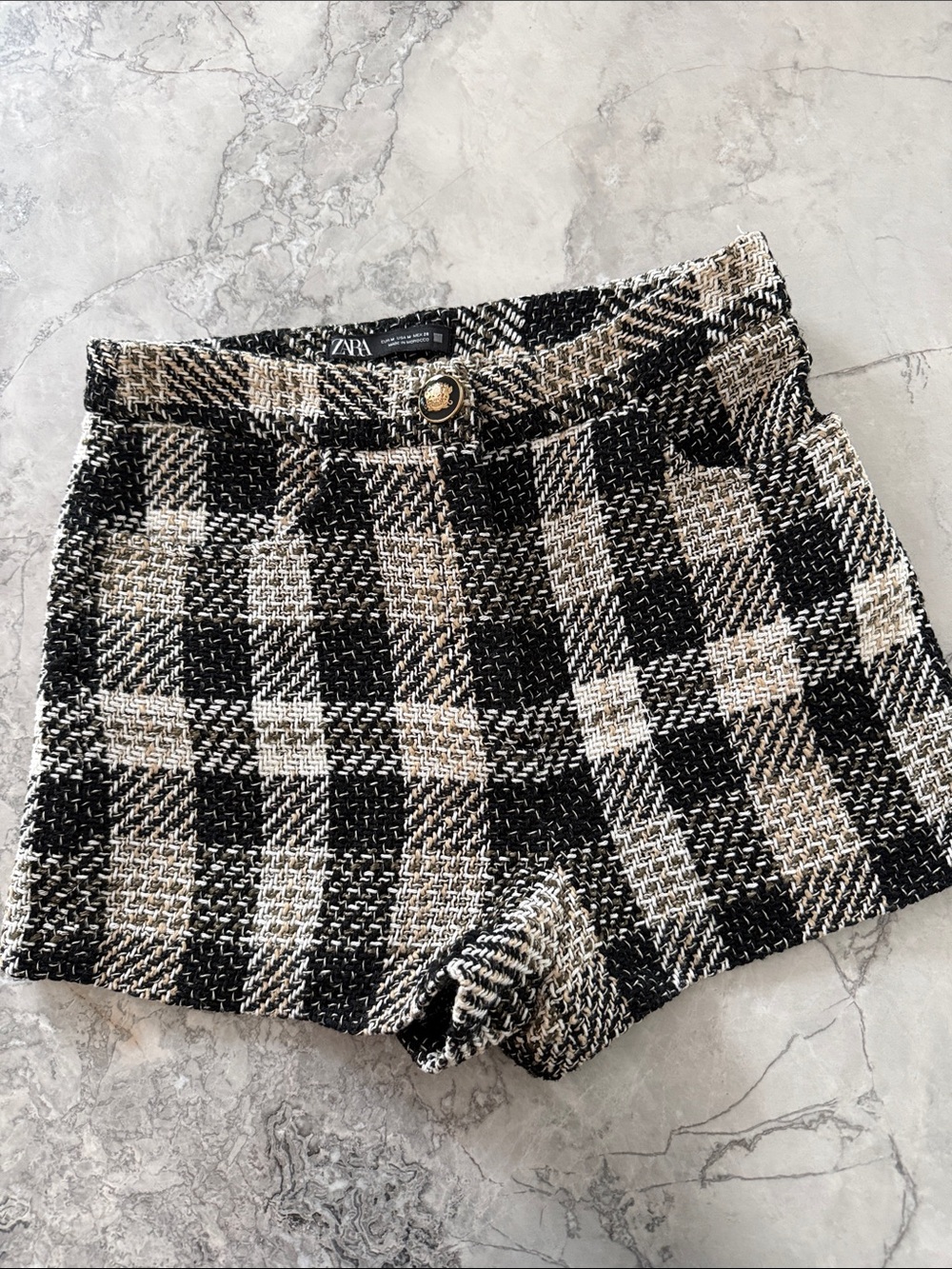 ZARA Black and Beige Plaid High-Waist Tweed Shorts